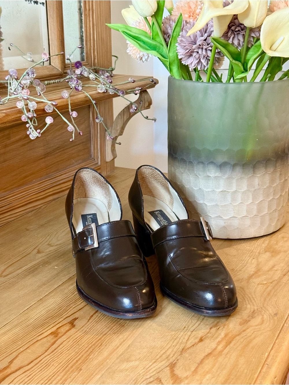 Kenneth Cole Brown Leather Buckle Loafers with Block Heel 7.5M